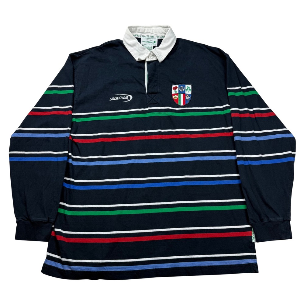 Lansdowne Mens Rugby Shirt Navy Blue Striped Long Sleeve Crest Number 6 Large